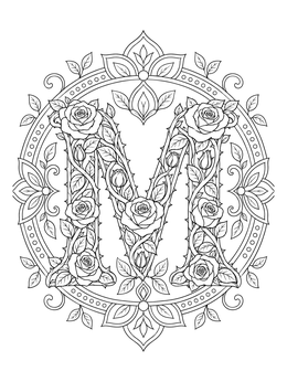 Floral letter M coloring page framed by blooming roses and a circular mandala motif.