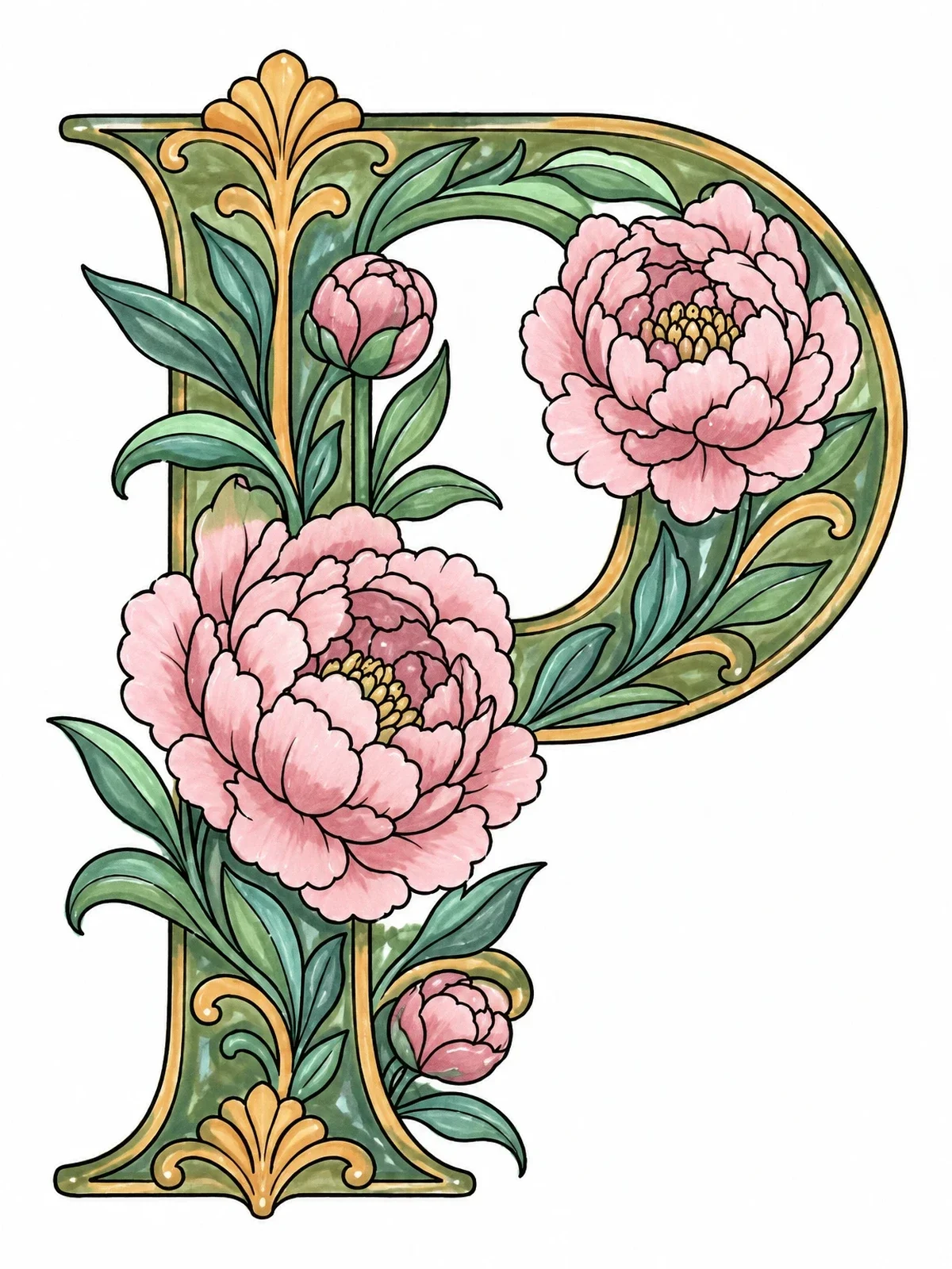 Colored example of the Ornate Letter P With Peonies coloring page