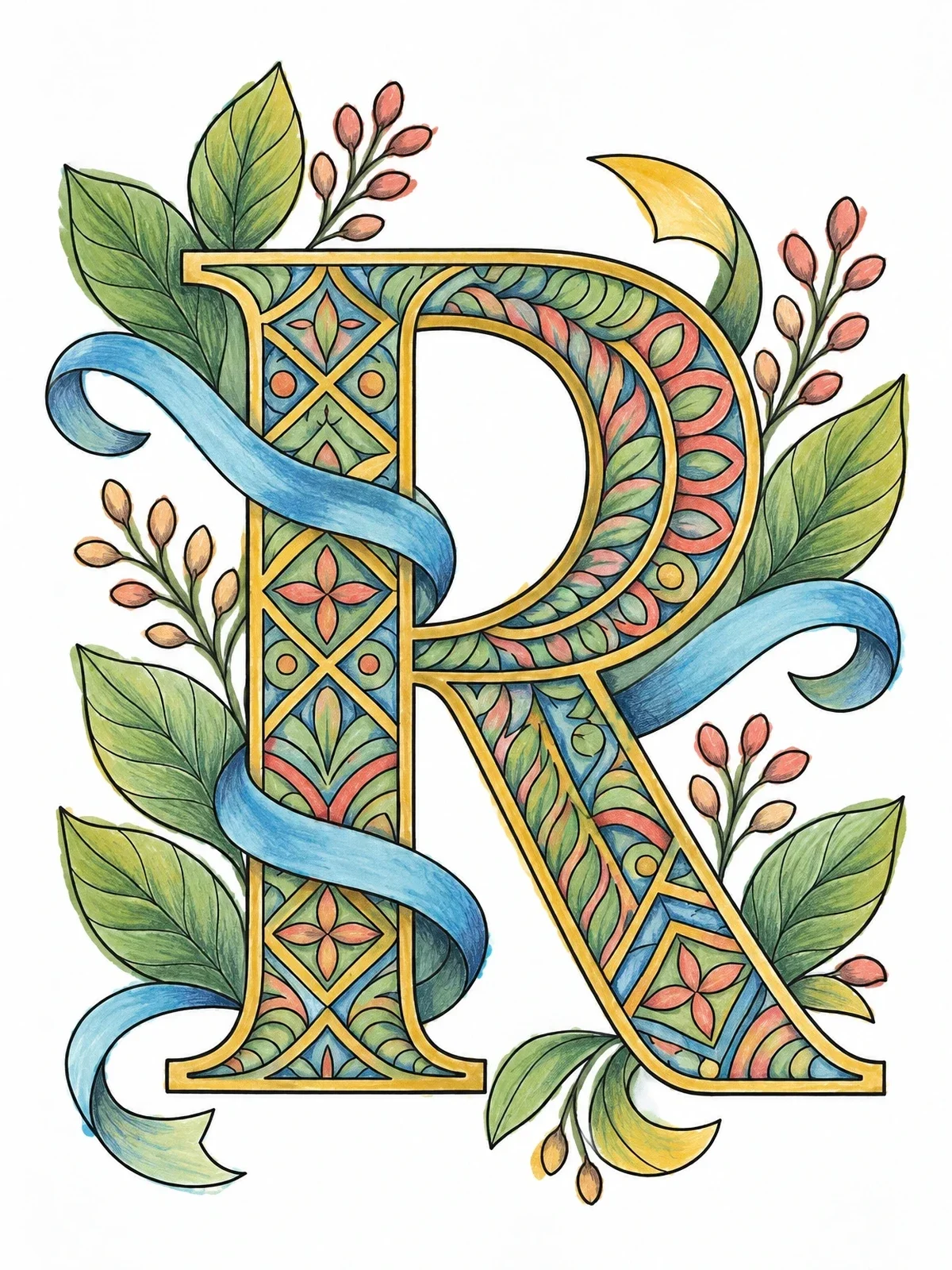 Colored example of the Ornate Letter R With Botanicals coloring page