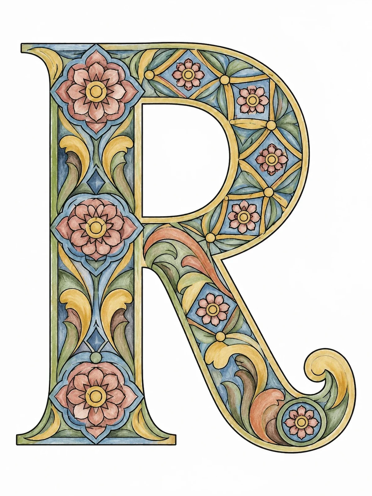 Colored example of the Ornate Letter R With Floral Patterns coloring page