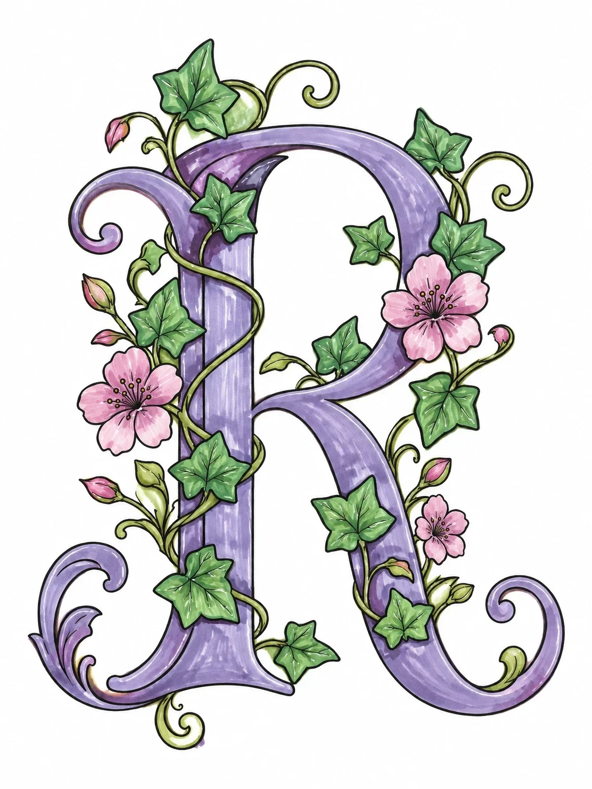 Colored example of the Ornate Letter R With Ivy And Blossoms coloring page