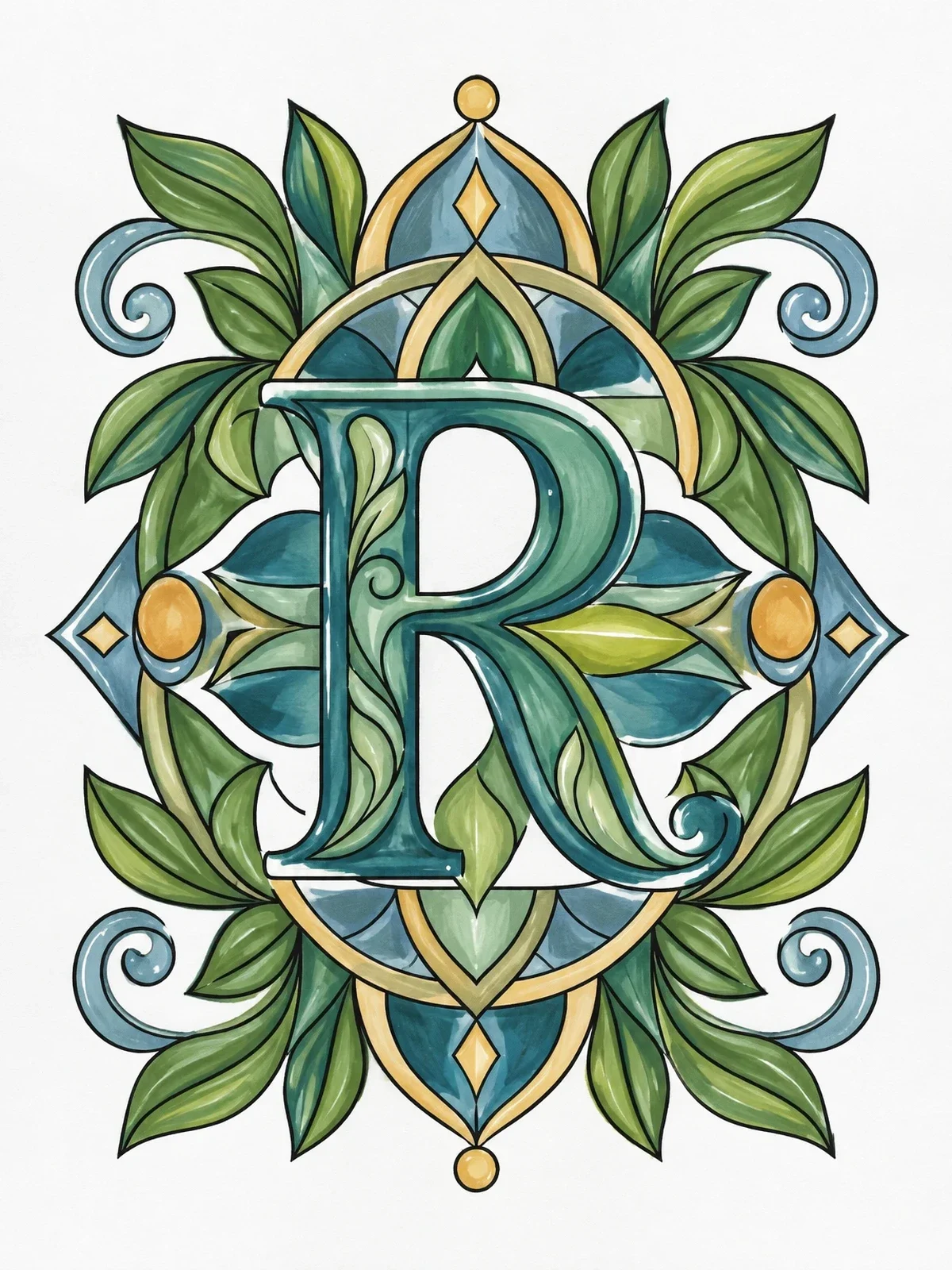 Colored example of the Ornate Letter R Mandala Monogram coloring page
