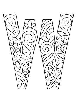 A decorative letter W coloring page filled with intricate floral motifs and swirls.