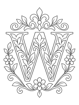 A decorative letter W coloring page framed by flowers and baroque flourishes.