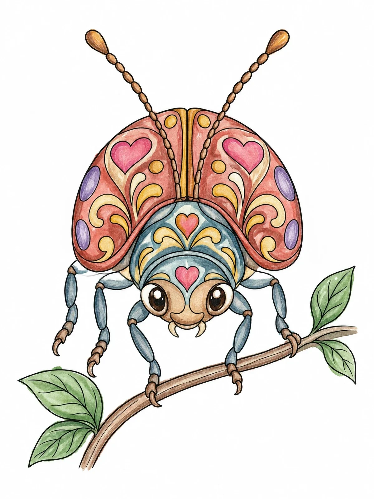 Colored example of the Ornate Love Bug On A Twig coloring page
