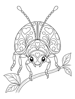 A detailed love bug coloring page featuring an ornate beetle crawling on a leafy branch.