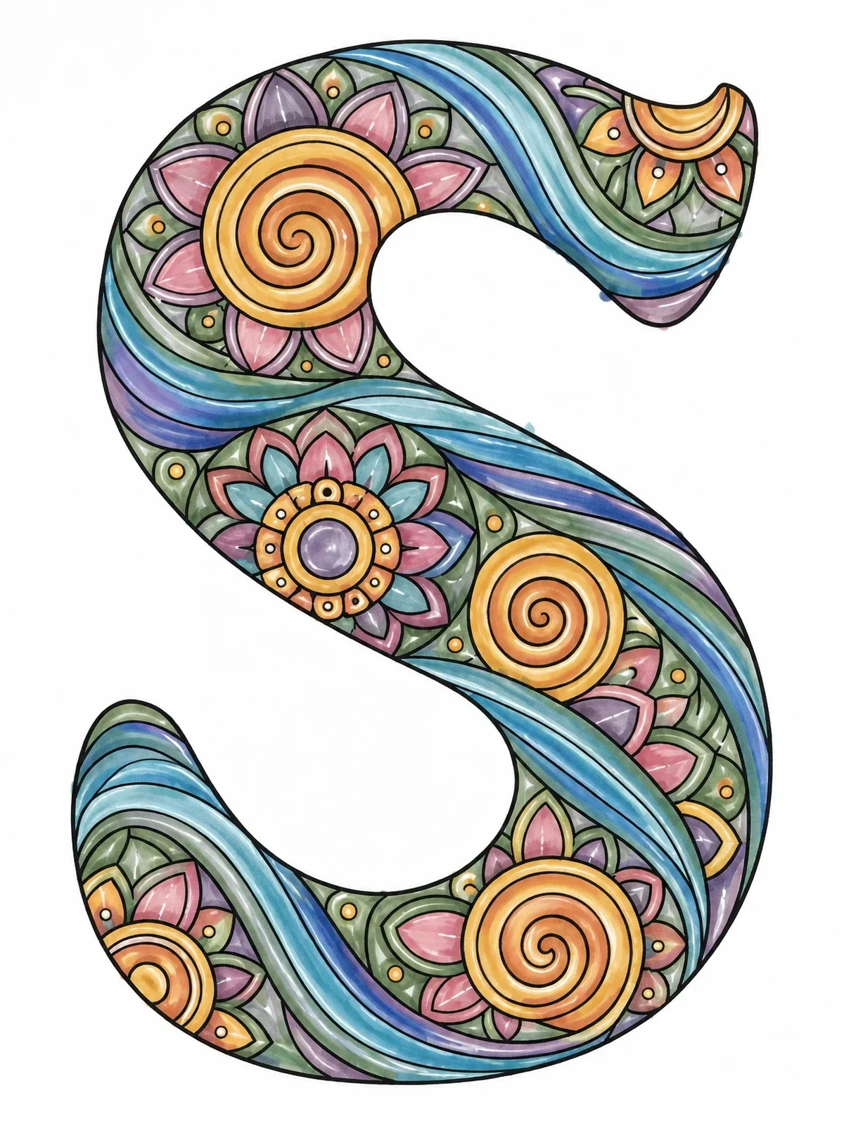 Colored example of the Ornate Mandala Letter S coloring page