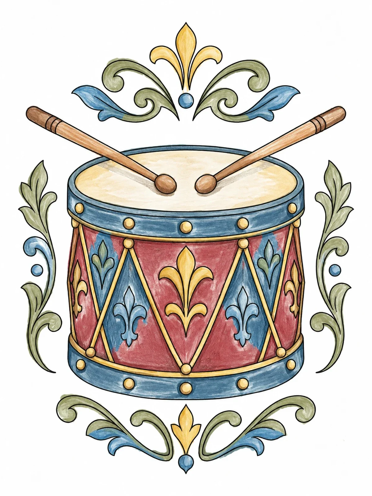 Colored example of the Ornate Marching Drum With Drumsticks coloring page