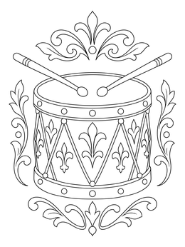A decorative toy coloring page featuring an ornate snare drum with fleur-de-lis patterns and drumsticks.