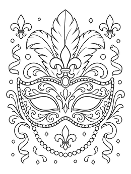 An ornate carnival mask with feathers and fleur-de-lis on a mardi gras coloring page.