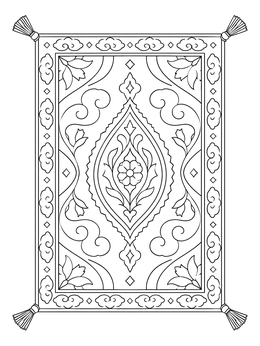 An ornate Persian style rug coloring page with corner tassels and cloud motifs.