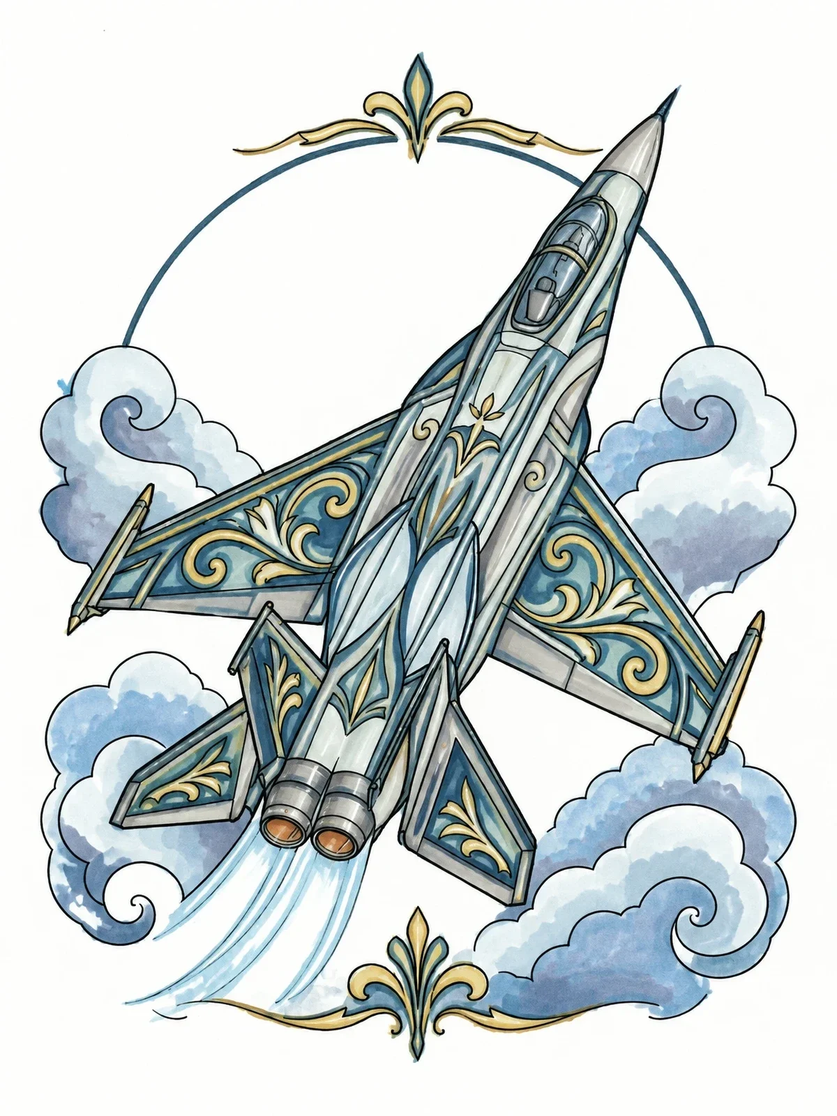 Colored example of the Ornate Military Jet In Flight coloring page