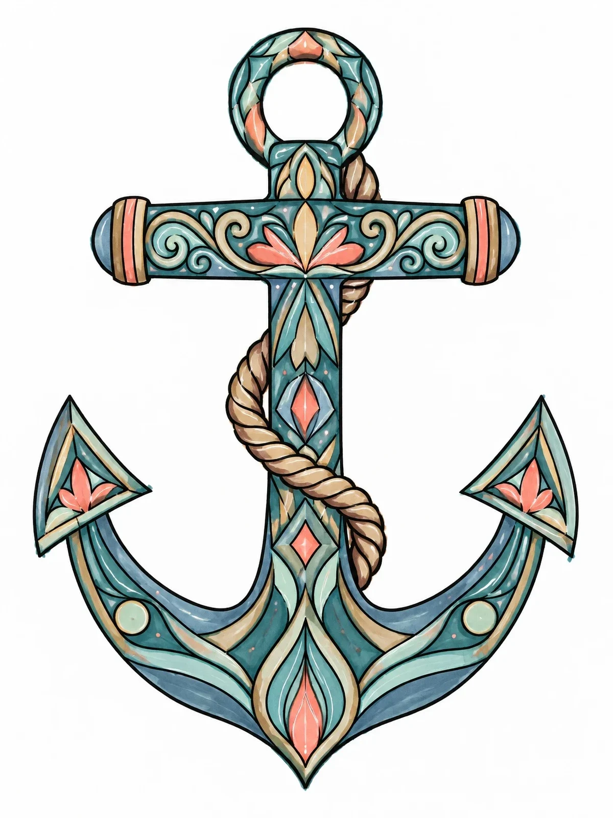 Colored example of the Ornate Nautical Anchor With Rope coloring page