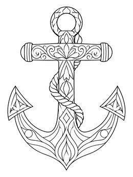 An ornate anchor coloring page with delicate filigree patterns and wrapped rope.