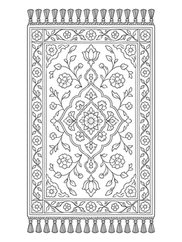 Detailed rug coloring page featuring elegant floral patterns and fringed tassels.