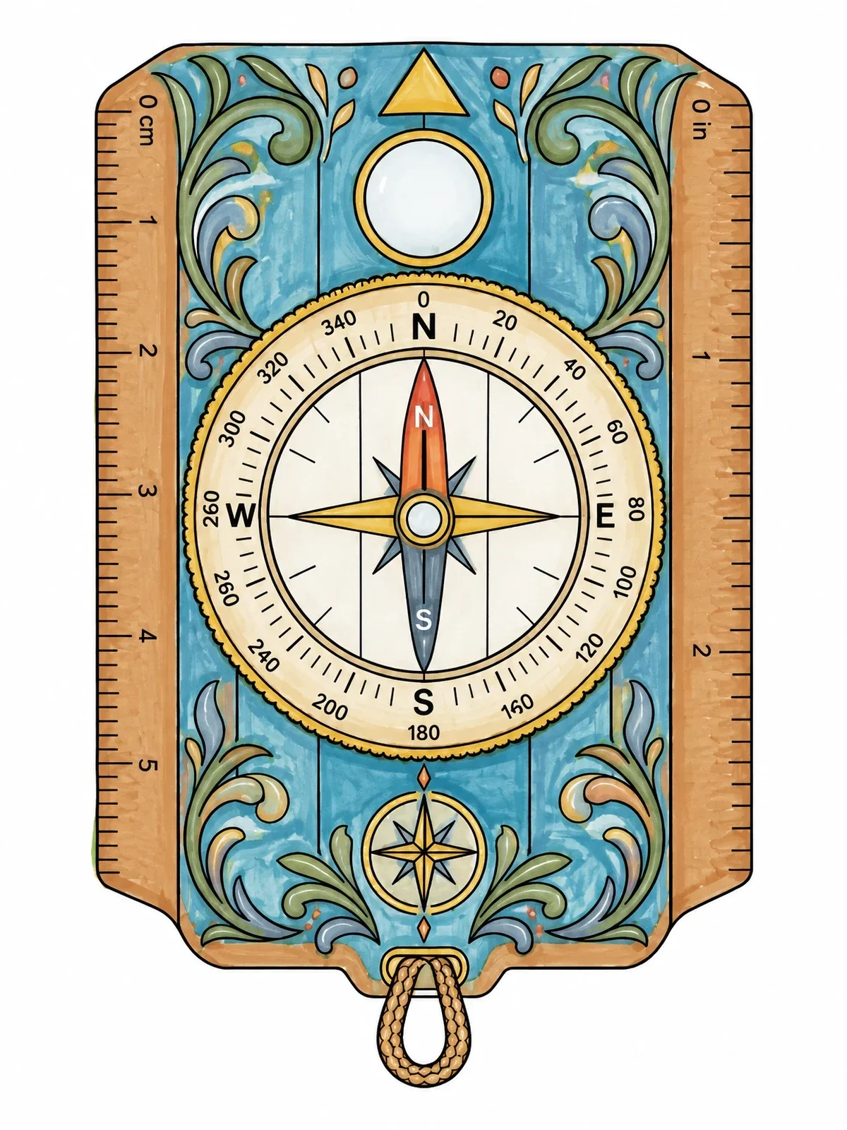 Colored example of the Ornate Orienteering Baseplate Compass coloring page