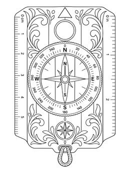 An intricate orienteering compass coloring page featuring ruler markings and floral filigree.