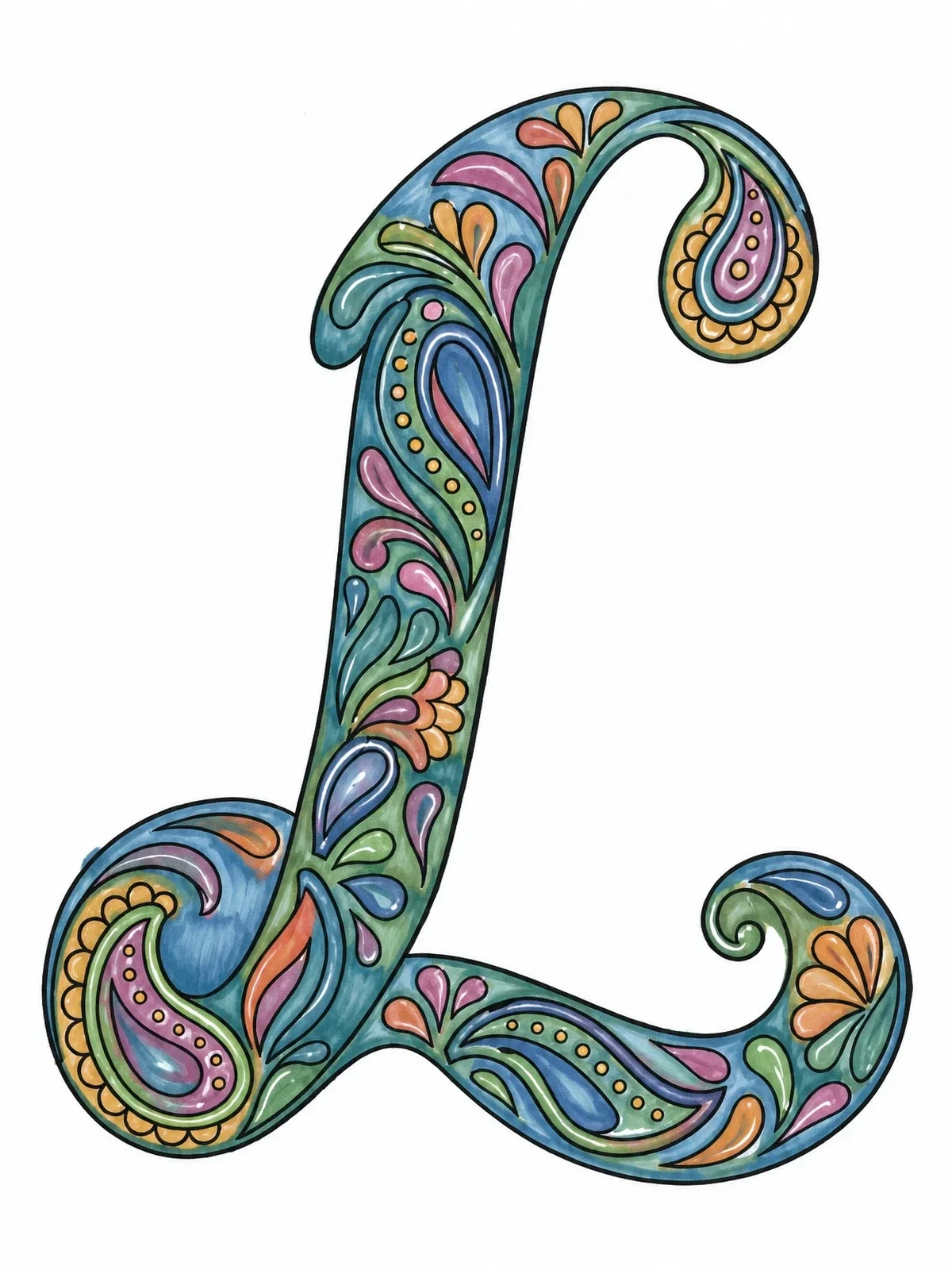 Colored example of the Ornate Paisley Capital Letter L coloring page