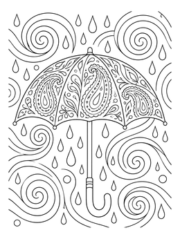 An intricate umbrella surrounded by swirls and drops in this april coloring page.
