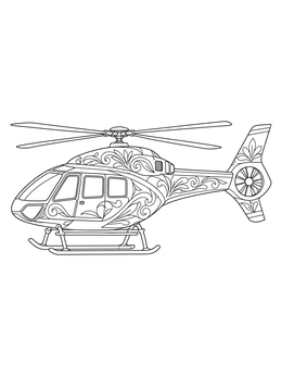 Side profile of an intricate helicopter coloring page decorated with swirling floral patterns.