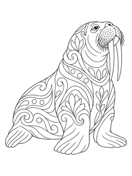 An intricate walrus coloring page featuring detailed swirls and floral patterns.