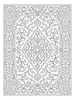 Intricate patterns fill an elegant rug coloring page with lotus and floral motifs.
