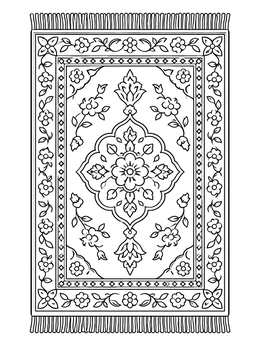 An ornate Persian rug coloring page featuring a detailed central medallion and floral borders.