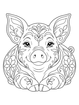 A decorative pig coloring page featuring floral motifs and curled hooves tucked in front.