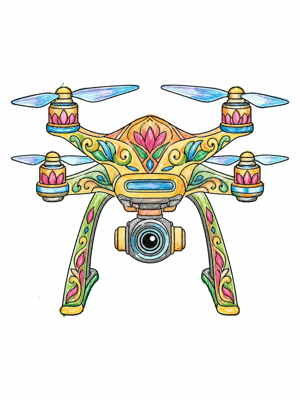Colored example of the Ornate Quadcopter Drone With Camera coloring page