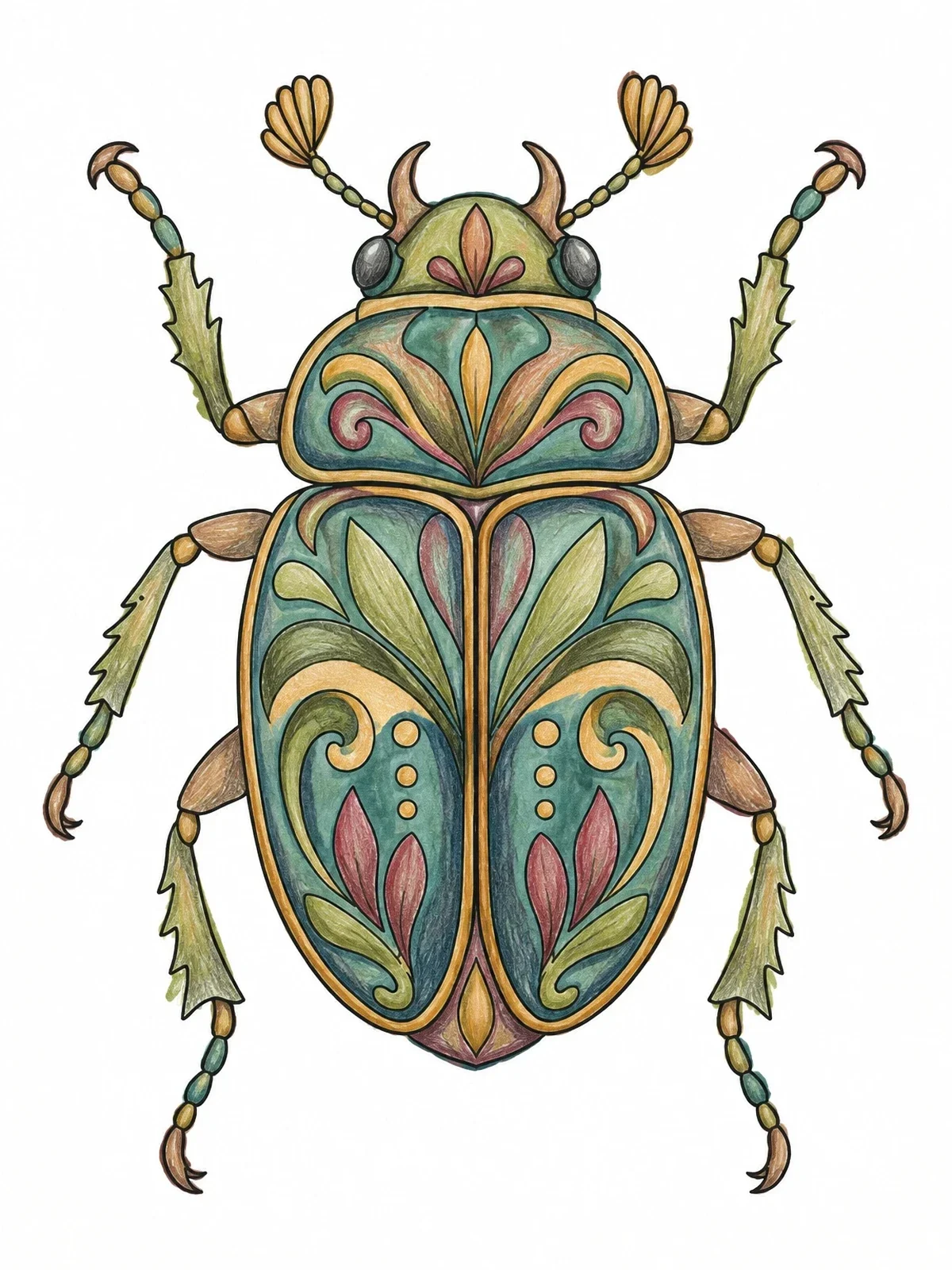 Colored example of the Ornate Scarab Beetle Top View coloring page