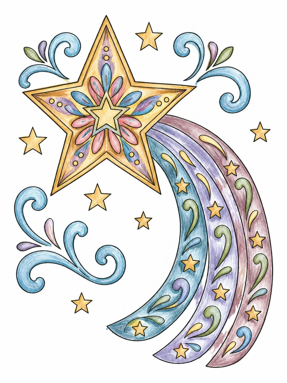 Colored example of the Ornate Shooting Star With Curved Trails coloring page