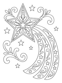An ornate star coloring page showing a shooting star with curved decorative trails and scrolls.