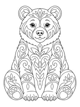 An intricate bear coloring page featuring a sitting bear decorated with floral swirl patterns.