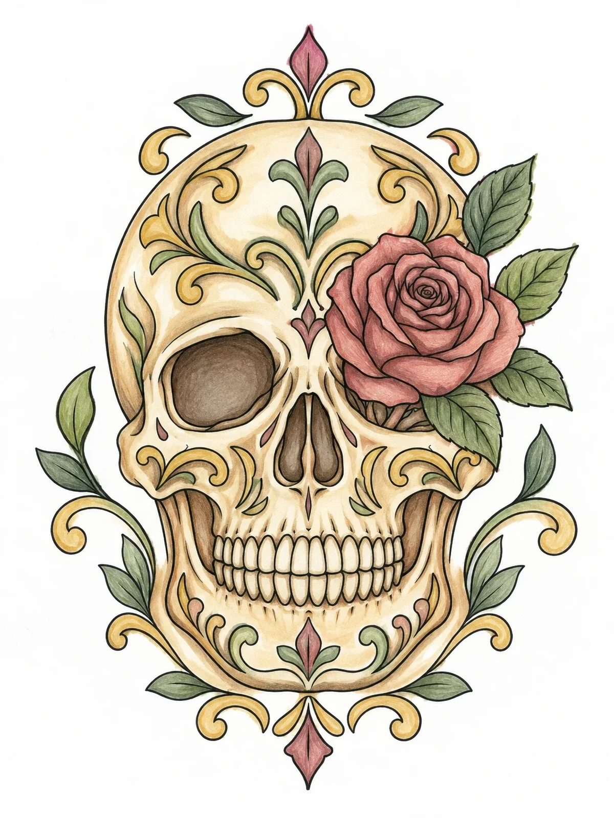 Colored example of the Ornate Skull With Blooming Rose coloring page
