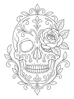 An ornate skull with a blossom on this rose coloring page.