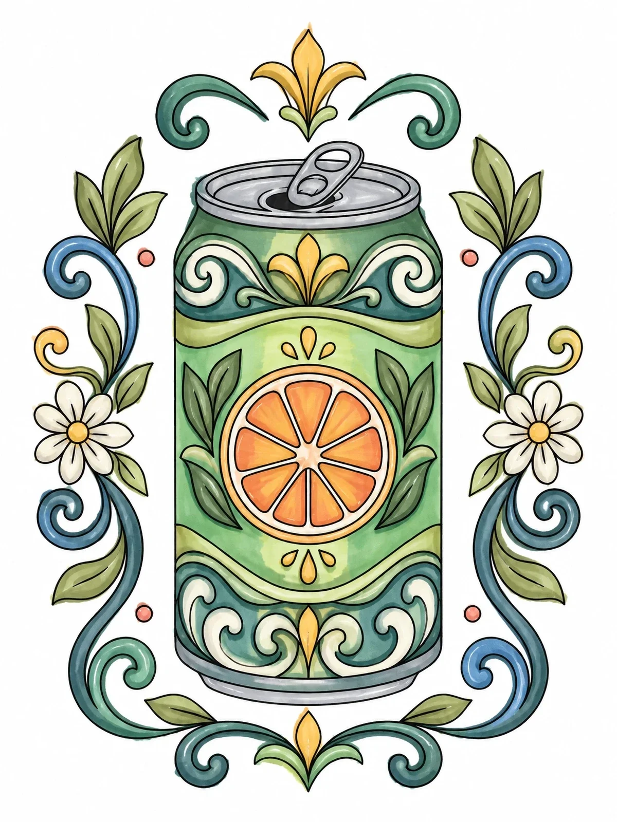 Colored example of the Ornate Soda Can With Citrus Slice coloring page