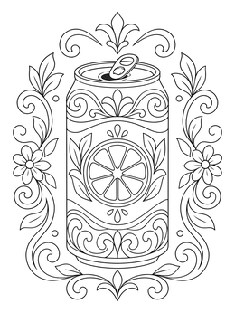 An ornate soda coloring page showing an open beverage can framed by elegant floral swirls and citrus art.