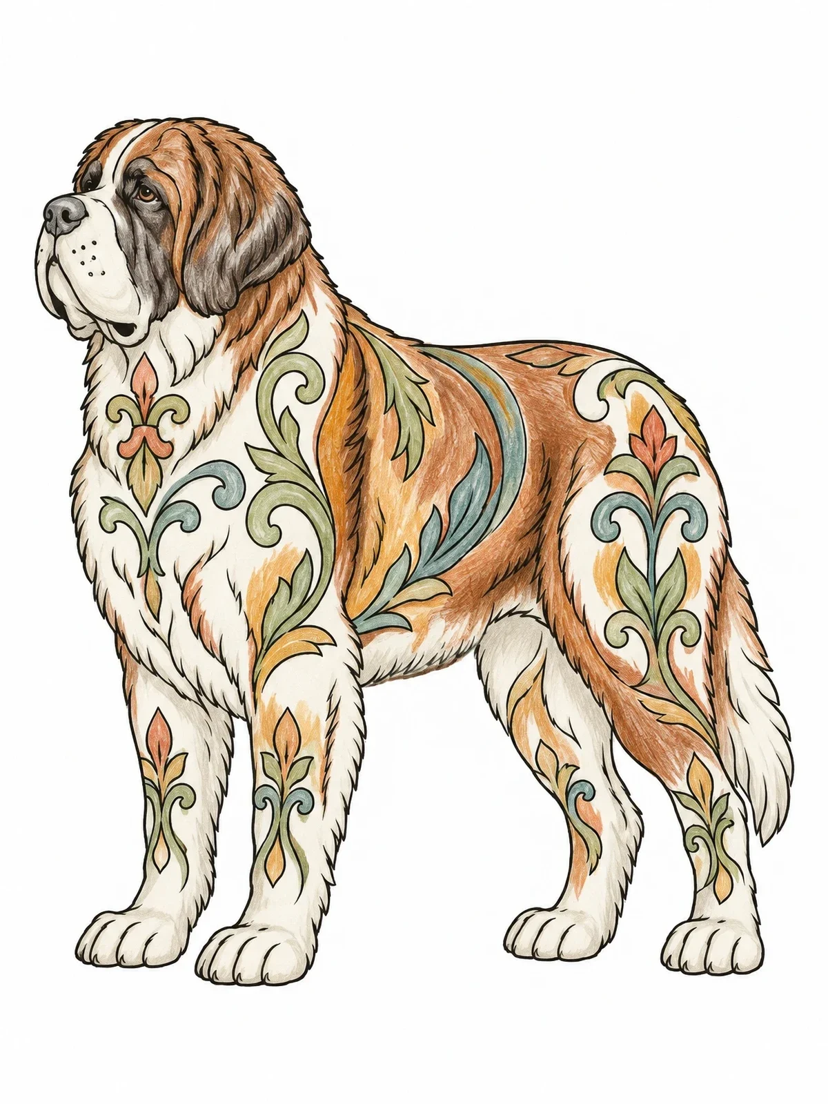 Colored example of the Ornate Standing Saint Bernard Dog coloring page