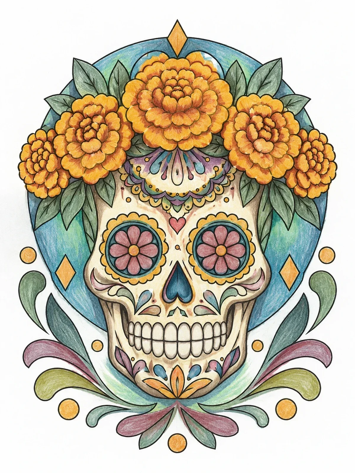 Colored example of the Ornate Sugar Skull With Flower Crown coloring page