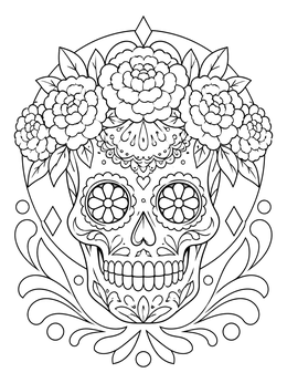 An ornate sugar skull coloring page adorned with a lush crown of flowers and swirling patterns.