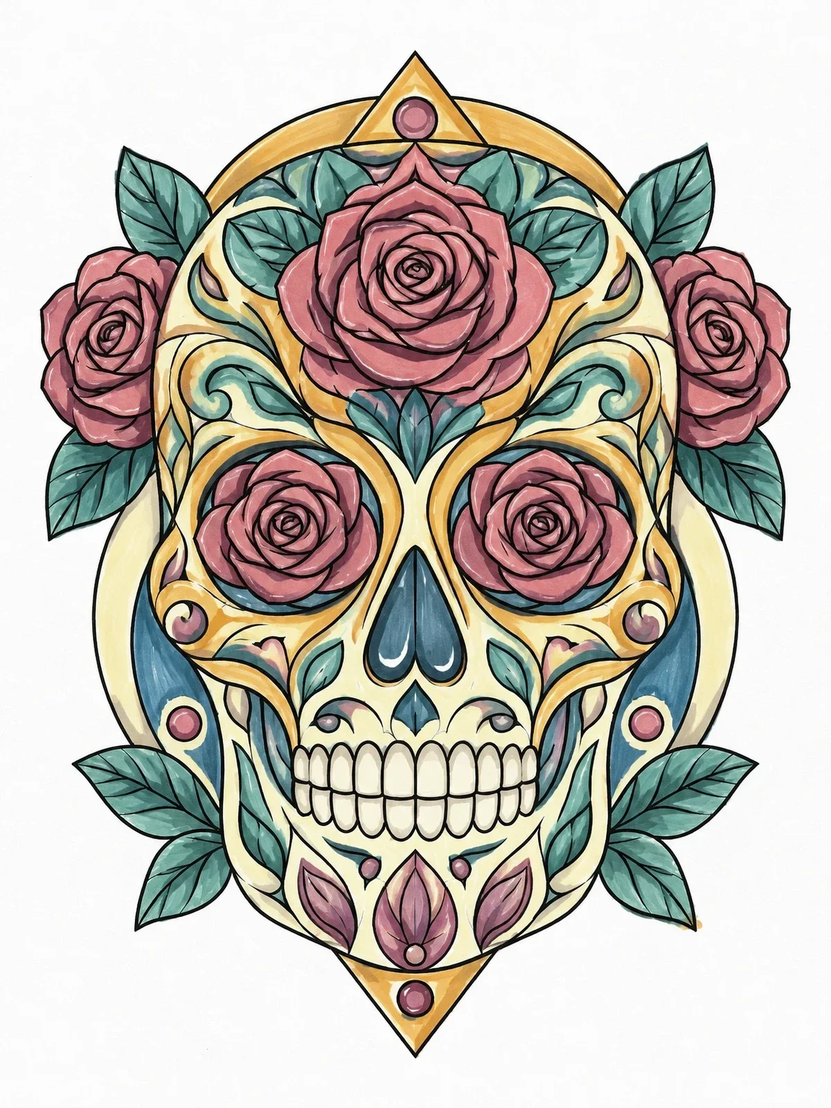 Colored example of the Ornate Sugar Skull With Roses coloring page