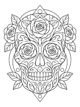Detailed sugar skull in an intricate rose coloring page with floral motifs.