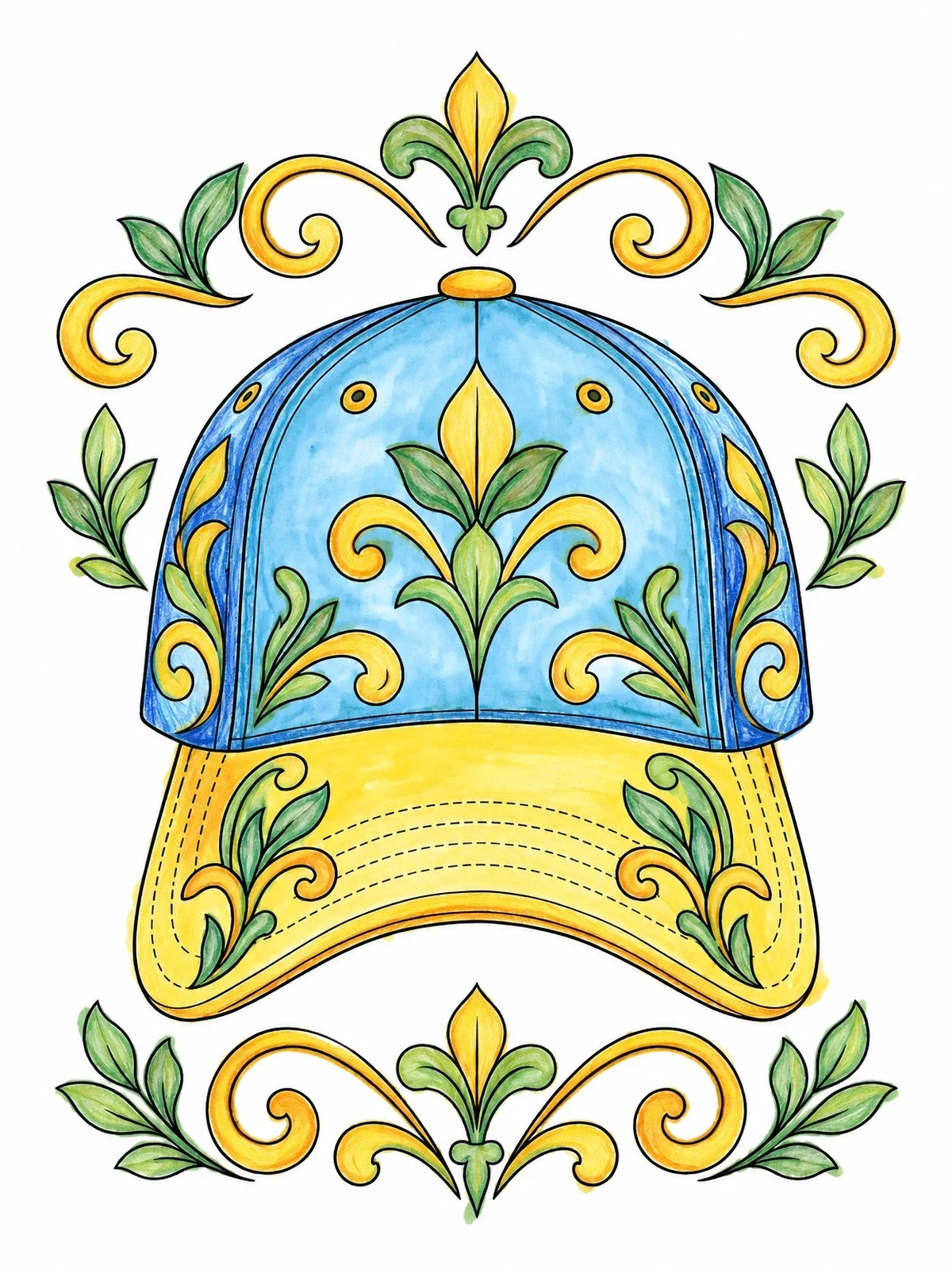 Colored example of the Ornate Summer Baseball Cap coloring page