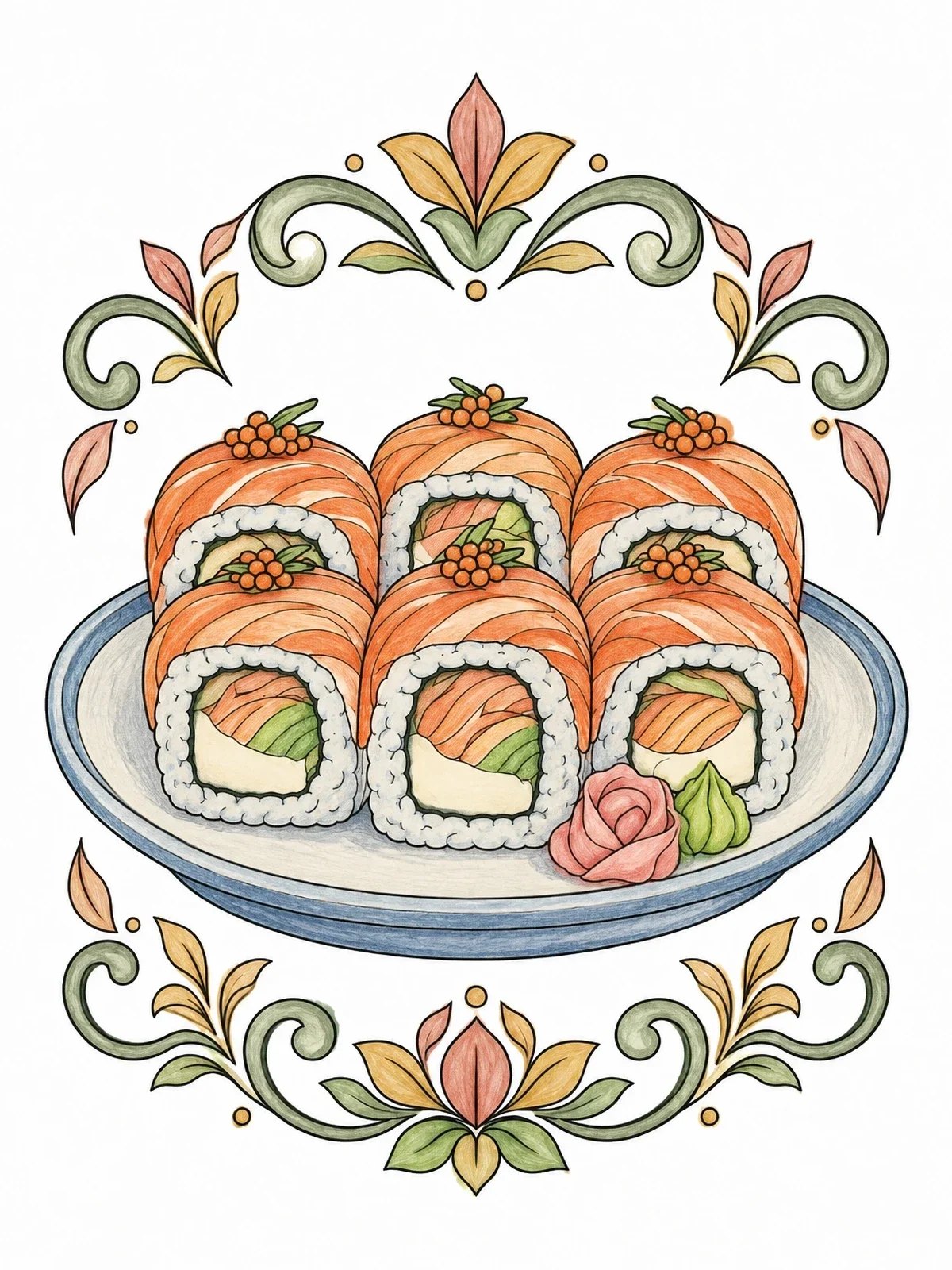 Colored example of the Ornate Sushi Rolls Platter coloring page