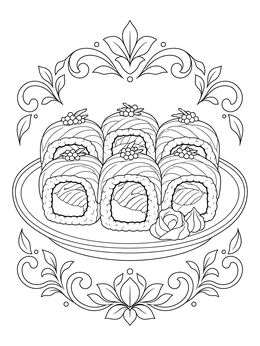 A detailed sushi coloring page featuring a platter of ornate sushi rolls surrounded by floral flourishes.