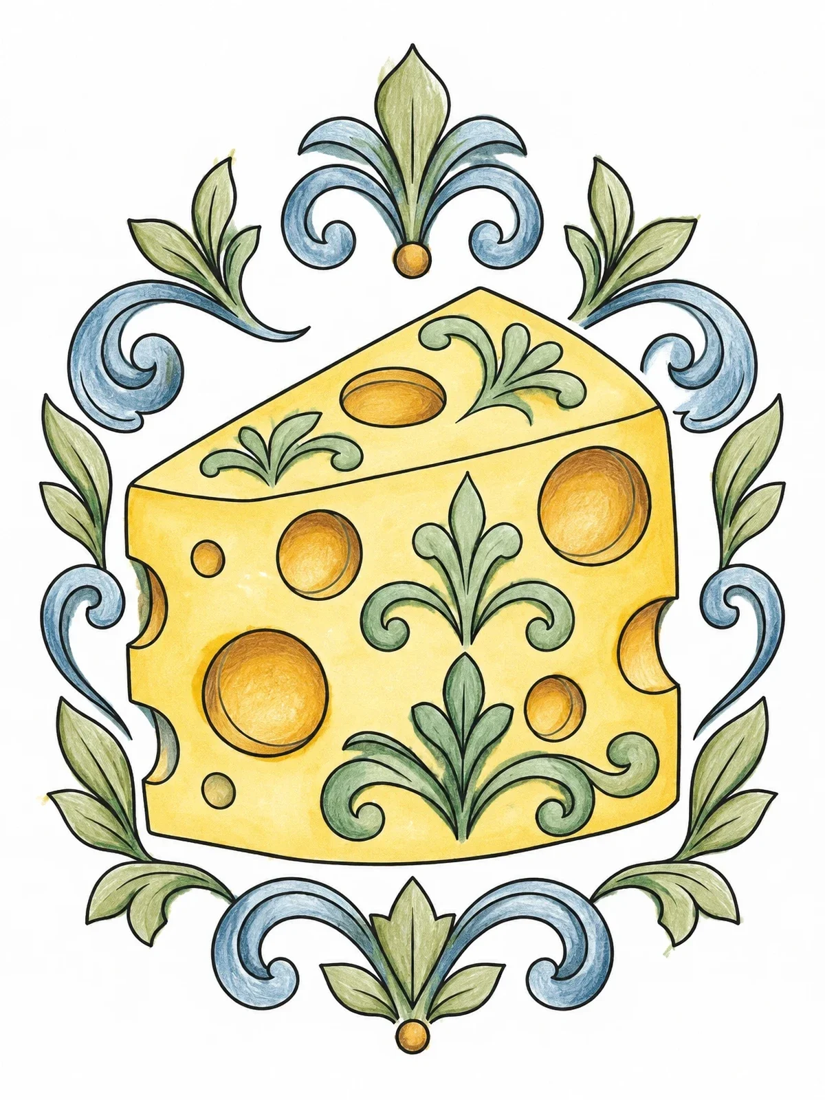 Colored example of the Ornate Swiss Cheese Wedge coloring page