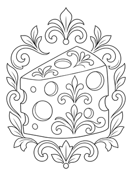 A decorative cheese coloring page featuring a Swiss cheese wedge framed by floral flourishes.