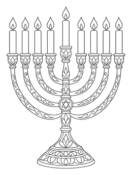 A detailed menorah coloring page featuring nine lit candles and intricate leaf patterns.