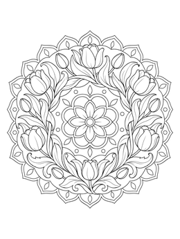An intricate tulip coloring page featuring a circular floral mandala with blooming tulips and leaves.