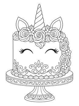 Detailed unicorn cake coloring page featuring floral frosting and a twisted horn on an ornate stand.